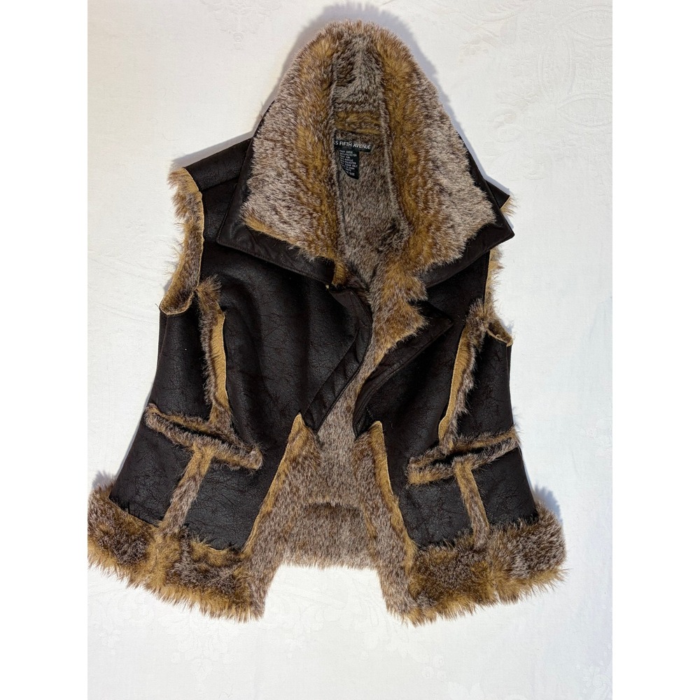 Saks Fifth Avenue Womens Faux Suede Fur Vest Brown One Size Oversized Collar